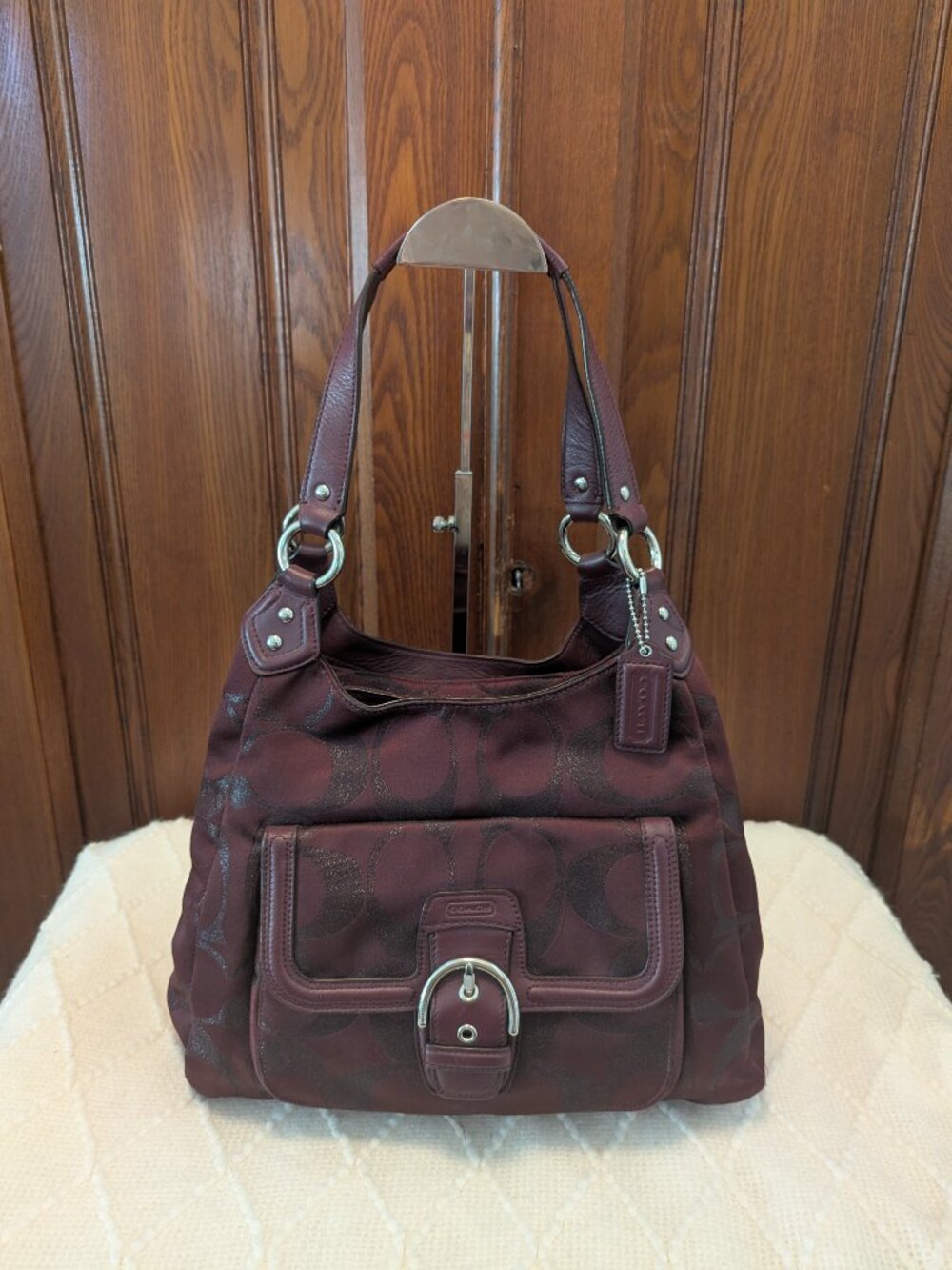 Coach Campbell F26245 Burgundy Signature Metallic Hobo Bag Burgundy - Picture 2 of 14